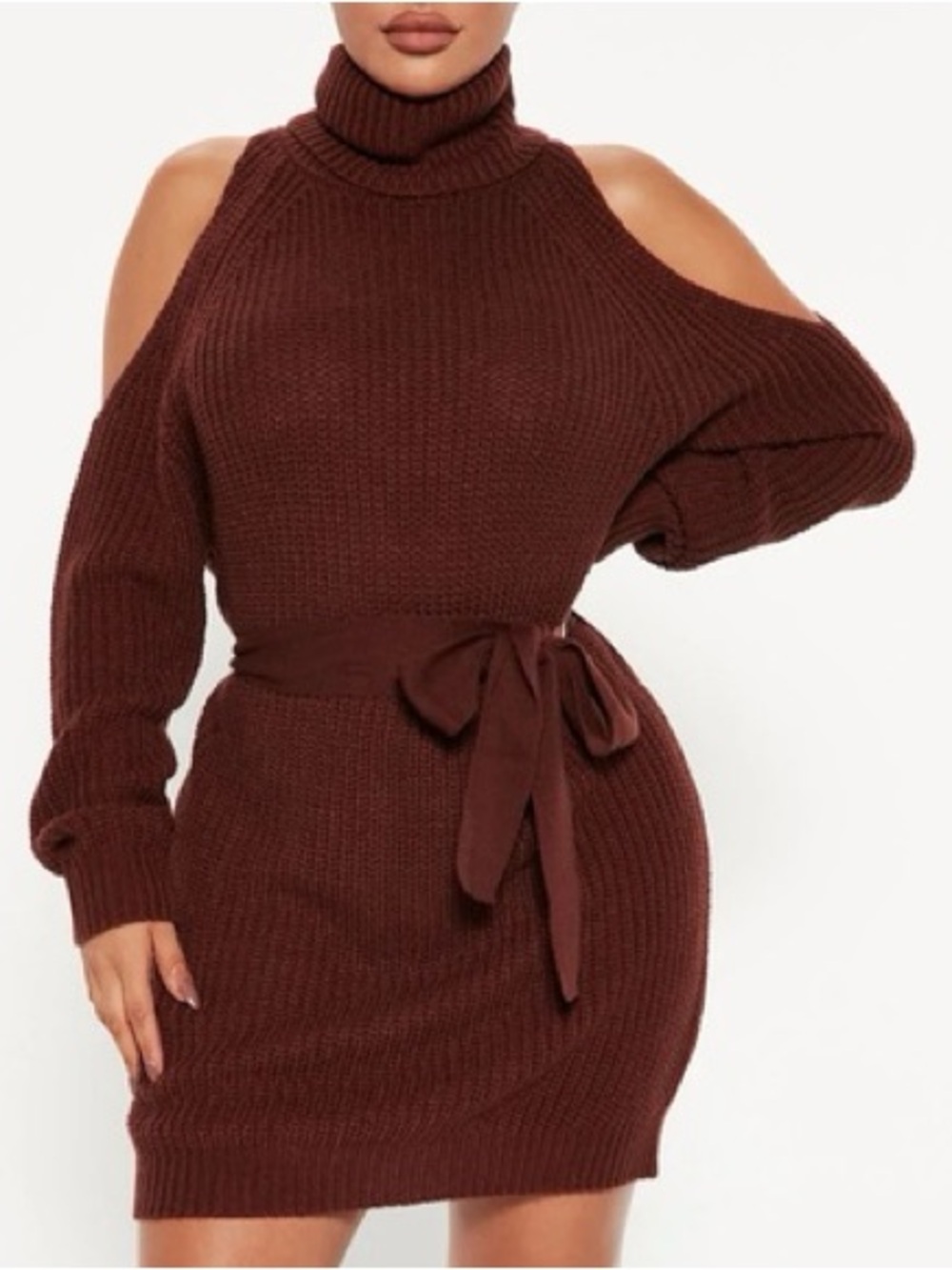 Cold-Shoulder Turtleneck Sweater Dress with Belt, Brown/Chocolate